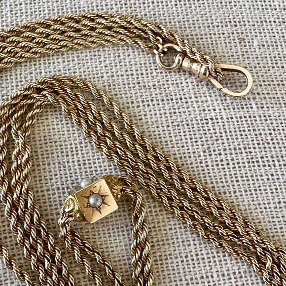 Victorian Pearl Slide Necklace Pocket Watch Chain 14k Yellow Gold 24" 18.7g - Picture 2 of 16